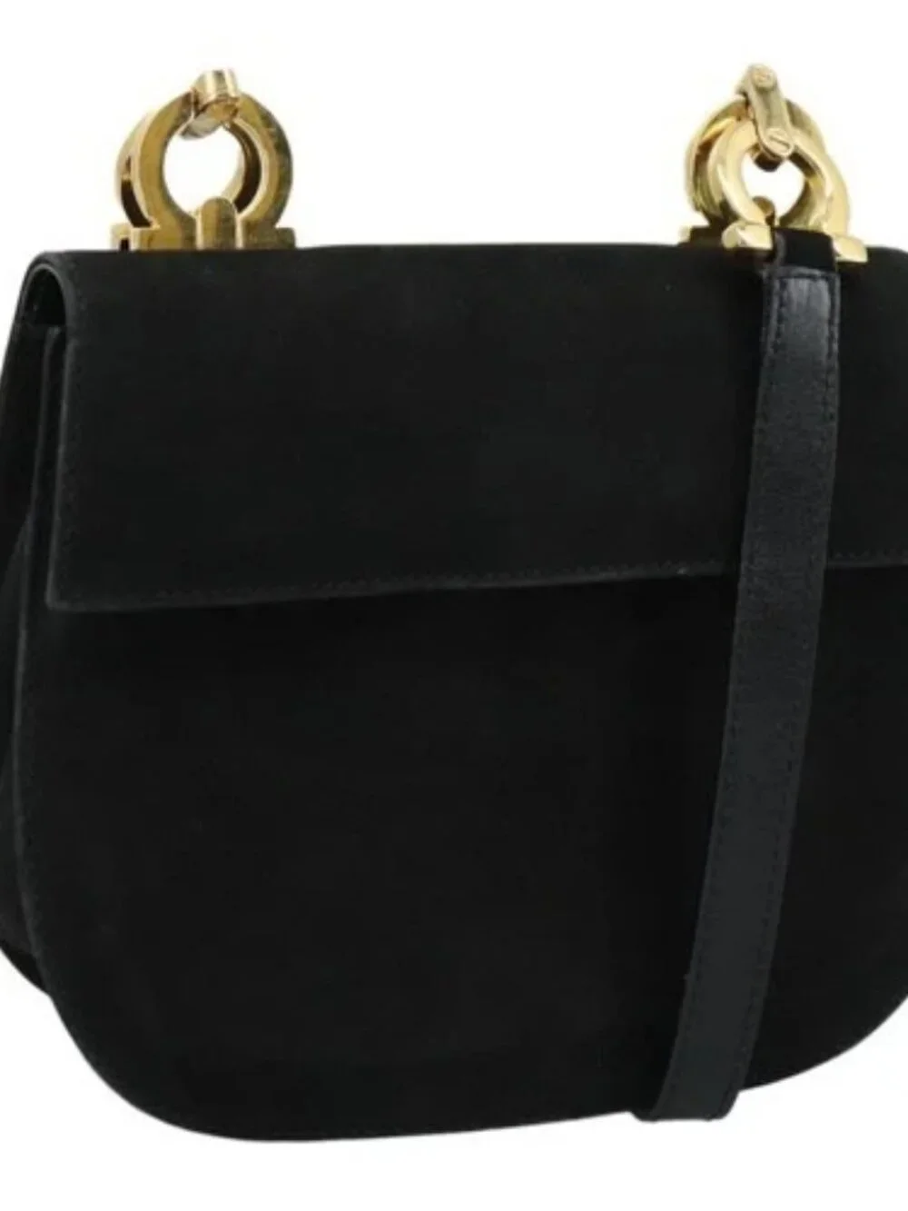 Salvatore Ferragamo Gancini Shoulder Bag Suede Black Gold Auth bs20936